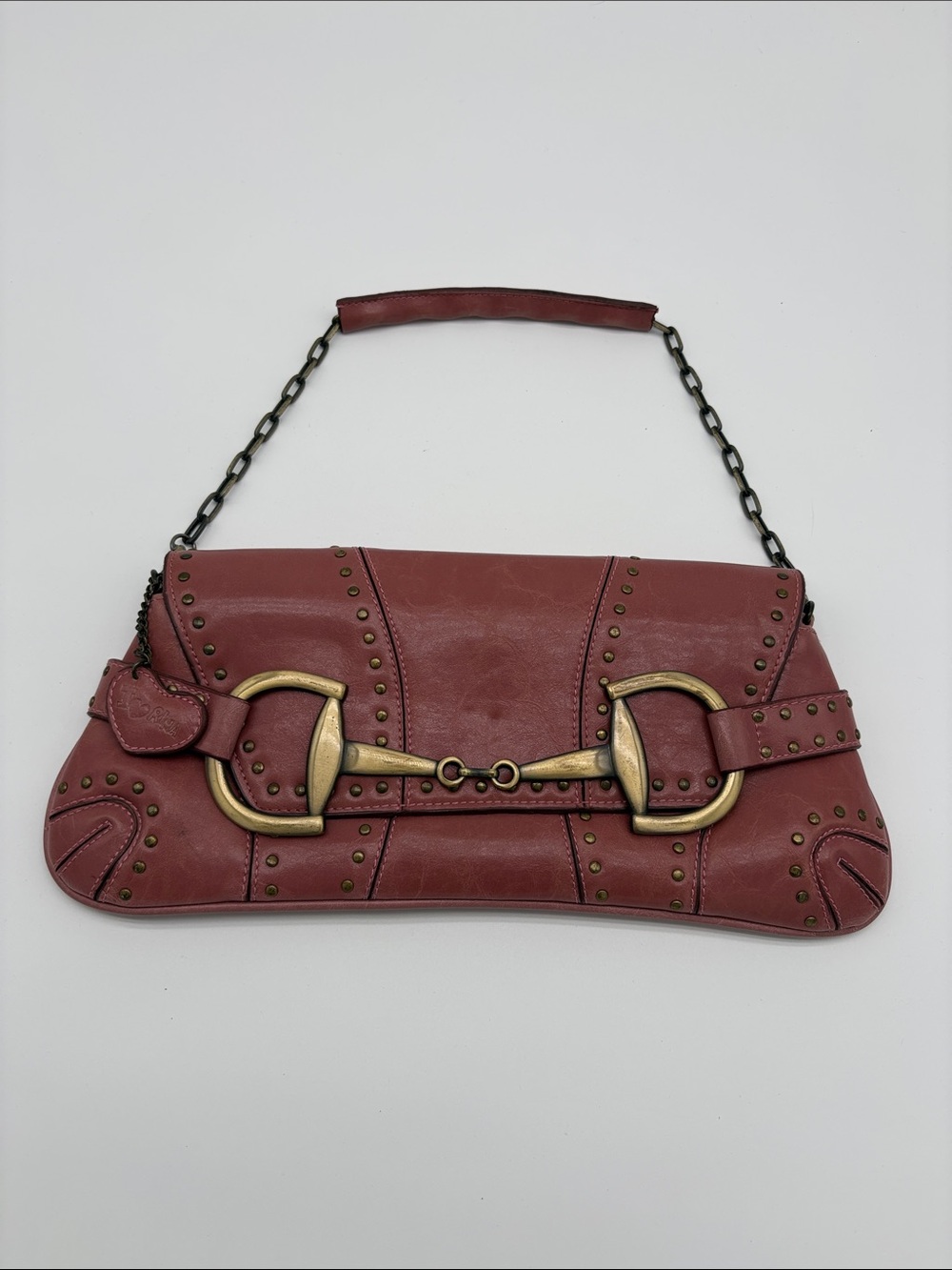 Y2K Rina Rich Horsebit Studded Chain Dusty Rose Leather Handbag BLEMISH